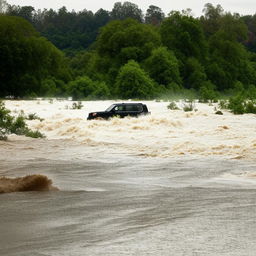 An SUV caught in the tumultuous currents of a flooded river, painting a dramatic picture of nature's wrath.