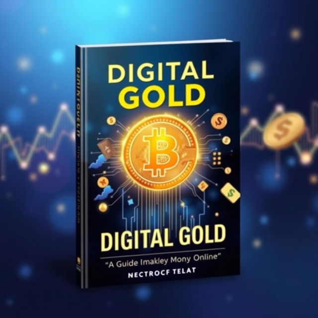 A captivating book cover for "Digital Gold - A Guide to Making Money Online" featuring a glowing gold Bitcoin coin prominently in the center, surrounded by digital elements like floating graphs, circuit lines, and money symbols