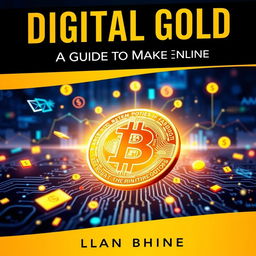 A captivating book cover for "Digital Gold - A Guide to Making Money Online" featuring a glowing gold Bitcoin coin prominently in the center, surrounded by digital elements like floating graphs, circuit lines, and money symbols