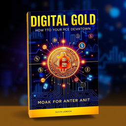 A captivating book cover for "Digital Gold - A Guide to Making Money Online" featuring a glowing gold Bitcoin coin prominently in the center, surrounded by digital elements like floating graphs, circuit lines, and money symbols