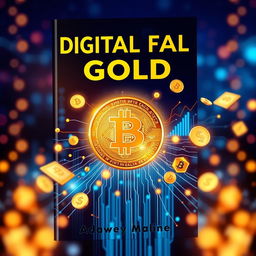 A captivating book cover for "Digital Gold - A Guide to Making Money Online" featuring a glowing gold Bitcoin coin prominently in the center, surrounded by digital elements like floating graphs, circuit lines, and money symbols