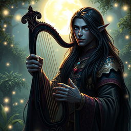 A male drow bard depicted in a lush fantasy RPG setting, showcasing his alluring features: long, flowing black hair that cascades elegantly over his shoulders, and captivating blue eyes that reflect his enchanting personality