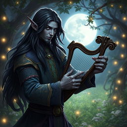 A male drow bard depicted in a lush fantasy RPG setting, showcasing his alluring features: long, flowing black hair that cascades elegantly over his shoulders, and captivating blue eyes that reflect his enchanting personality