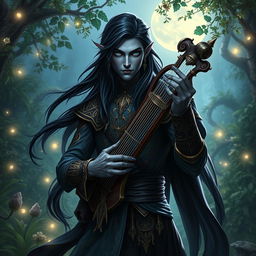 A male drow bard depicted in a lush fantasy RPG setting, showcasing his alluring features: long, flowing black hair that cascades elegantly over his shoulders, and captivating blue eyes that reflect his enchanting personality