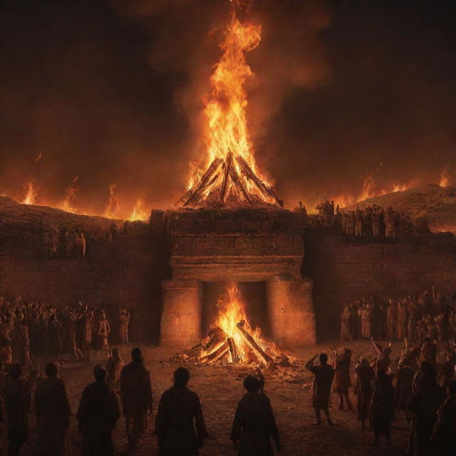 A roaring fire erupts, enormous and fierce, consuming all in its path. Its terrifying glow and colossal scale dominate the scene, standing out against the Babylonian landscape and illuminating the shocked faces of the onlooking crowd.