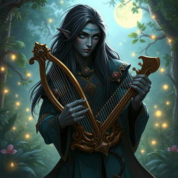 A male drow bard depicted in a lush fantasy RPG setting, showcasing his alluring features: long, flowing black hair that cascades elegantly over his shoulders, and captivating blue eyes that reflect his enchanting personality
