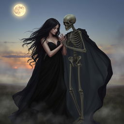 A captivating image of a woman elegantly interacting with death, represented as a mysterious and ethereal figure
