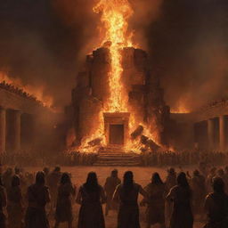 A roaring fire erupts, enormous and fierce, consuming all in its path. Its terrifying glow and colossal scale dominate the scene, standing out against the Babylonian landscape and illuminating the shocked faces of the onlooking crowd.