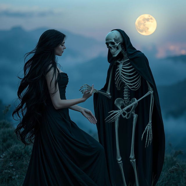 A captivating image of a woman elegantly interacting with death, represented as a mysterious and ethereal figure