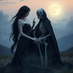 A captivating image of a woman elegantly interacting with death, represented as a mysterious and ethereal figure