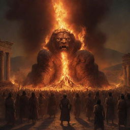 A roaring fire erupts, enormous and fierce, consuming all in its path. Its terrifying glow and colossal scale dominate the scene, standing out against the Babylonian landscape and illuminating the shocked faces of the onlooking crowd.