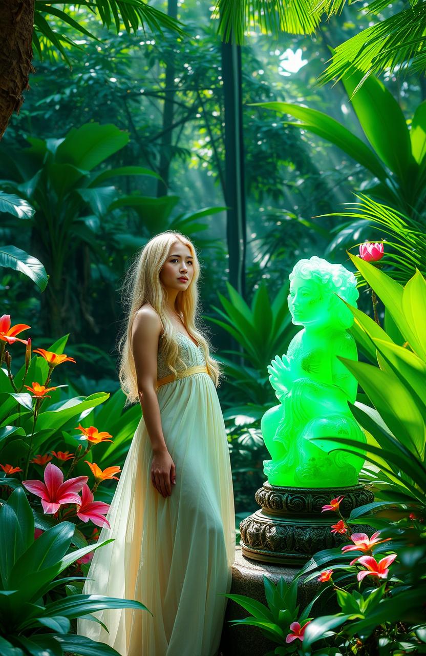 A beautiful blonde woman standing in a lush, vibrant jungle, surrounded by tropical plants and colorful flowers