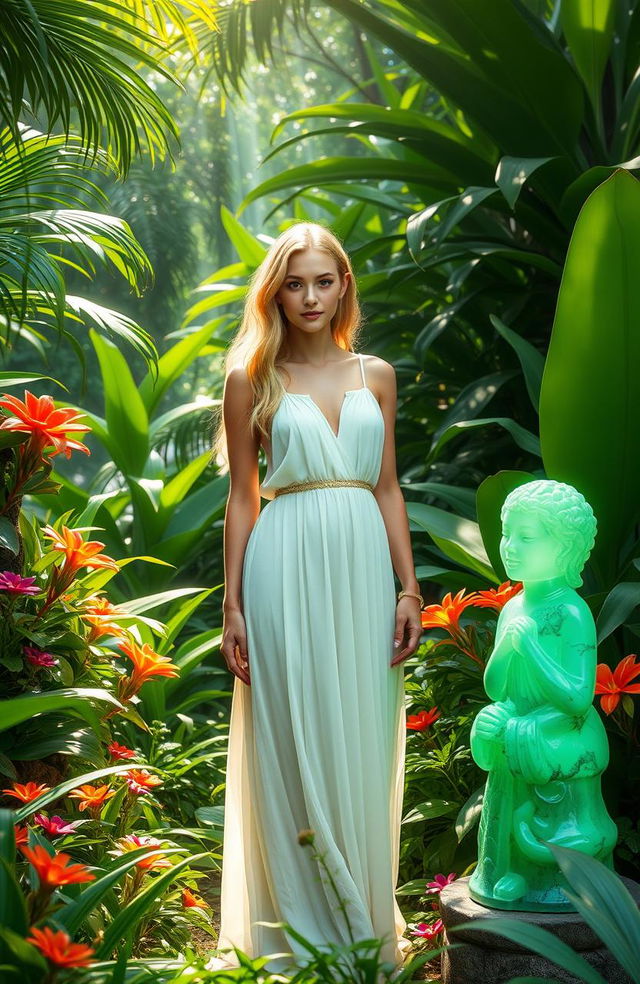 A beautiful blonde woman standing in a lush, vibrant jungle, surrounded by tropical plants and colorful flowers