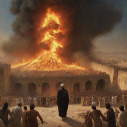 Suddenly, the monstrous fire is gone, leaving Prophet Ibrahim, glowing calmly amidst the vanished inferno. The astonished crowd stares at the intact prophet, creating a moment of revelation against the backdrop of the ancient city of Babylon.