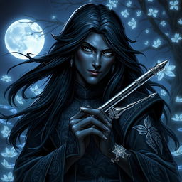 A male drow bard cleric of Eilistraee portrayed in a captivating fantasy RPG setting
