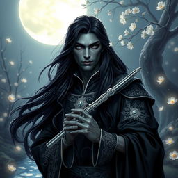 A male drow bard cleric of Eilistraee portrayed in a captivating fantasy RPG setting