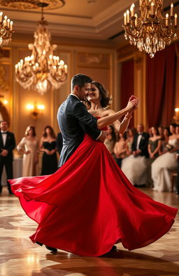 A graceful ballroom scene featuring a man and a woman dancing elegantly
