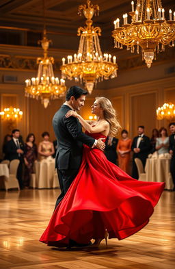 A graceful ballroom scene featuring a man and a woman dancing elegantly