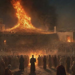 Suddenly, the monstrous fire is gone, leaving Prophet Ibrahim, glowing calmly amidst the vanished inferno. The astonished crowd stares at the intact prophet, creating a moment of revelation against the backdrop of the ancient city of Babylon.