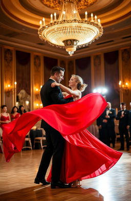 A graceful ballroom scene featuring a man and a woman dancing elegantly
