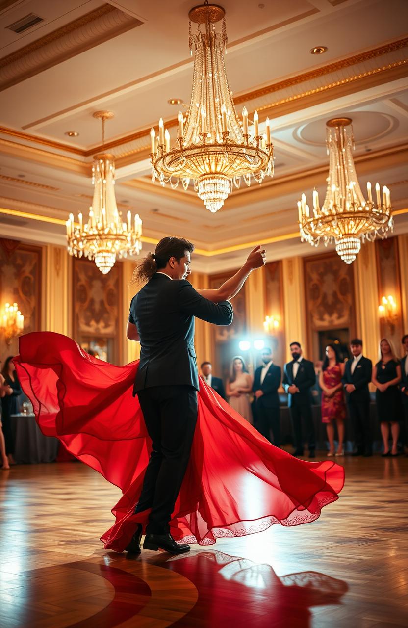 A graceful ballroom scene featuring a man and a woman dancing elegantly