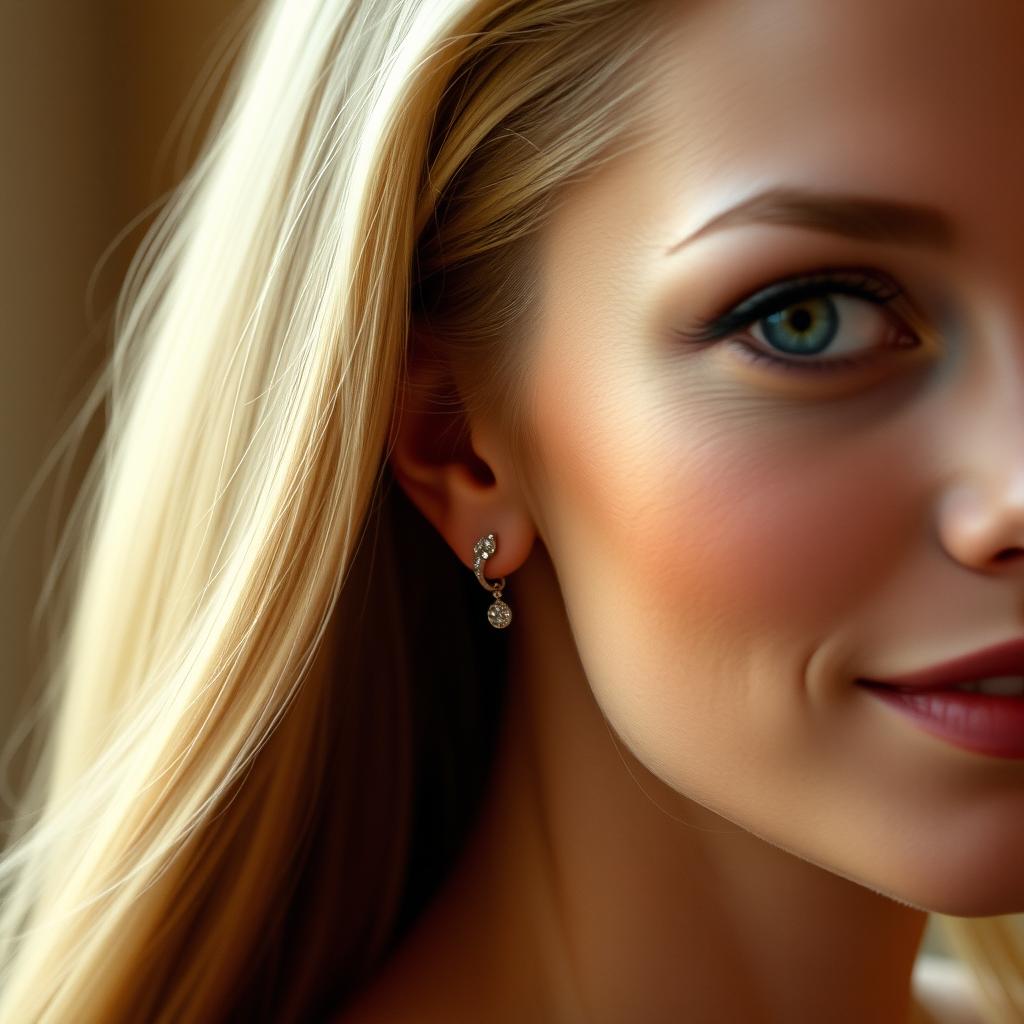 A realistic portrait of a beautiful woman with long blonde hair, her head slightly tilted to the side, showcasing her elegant features and large, expressive eyes