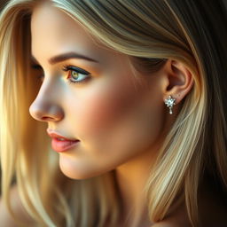 A realistic portrait of a beautiful woman with long blonde hair, her head slightly tilted to the side, showcasing her elegant features and large, expressive eyes