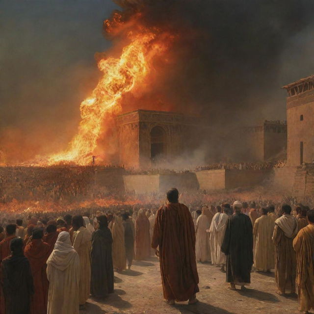 Suddenly, the monstrous fire is gone, leaving Prophet Ibrahim, glowing calmly amidst the vanished inferno. The astonished crowd stares at the intact prophet, creating a moment of revelation against the backdrop of the ancient city of Babylon.