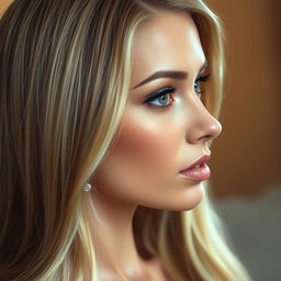 A realistic portrait of a beautiful woman with long blonde hair, her head slightly tilted to the side, showcasing her elegant features and large, expressive eyes