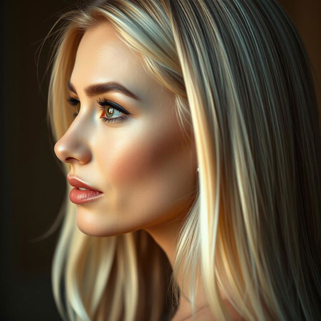 A realistic portrait of a beautiful woman with long blonde hair, her head slightly tilted to the side, showcasing her elegant features and large, expressive eyes