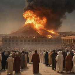 Suddenly, the monstrous fire is gone, leaving Prophet Ibrahim, glowing calmly amidst the vanished inferno. The astonished crowd stares at the intact prophet, creating a moment of revelation against the backdrop of the ancient city of Babylon.