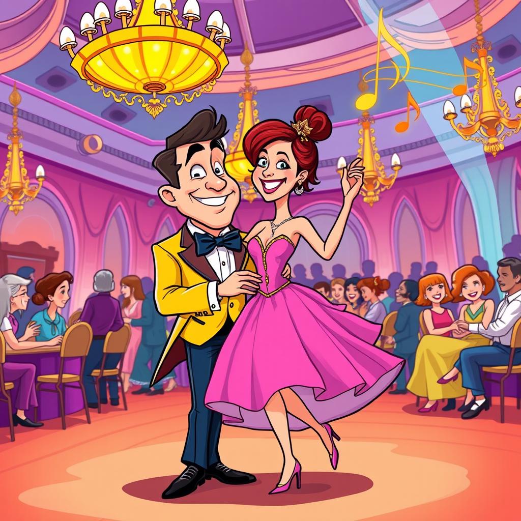 A cartoon-style illustration of a man and a woman dancing in a vibrant ballroom