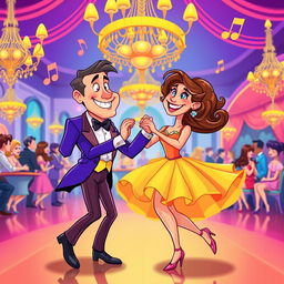 A cartoon-style illustration of a man and a woman dancing in a vibrant ballroom
