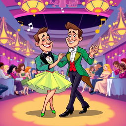 A cartoon-style illustration of a man and a woman dancing in a vibrant ballroom