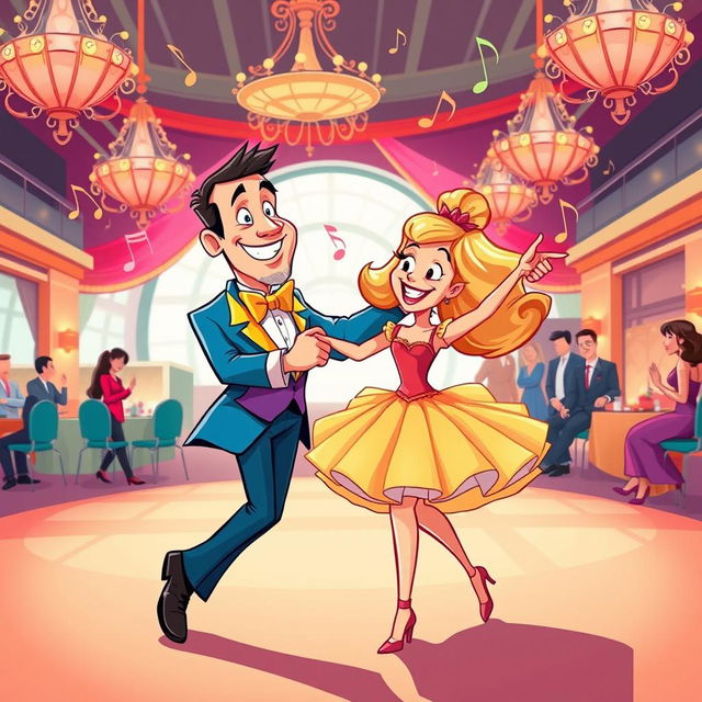 A cartoon-style illustration of a man and a woman dancing in a vibrant ballroom