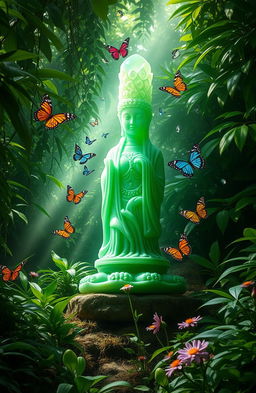 A lush jungle environment filled with vibrant vegetation, featuring a magical jade statue that radiates a mysterious glow