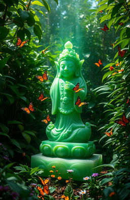 A lush jungle environment filled with vibrant vegetation, featuring a magical jade statue that radiates a mysterious glow