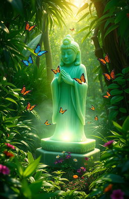 A lush jungle environment filled with vibrant vegetation, featuring a magical jade statue that radiates a mysterious glow