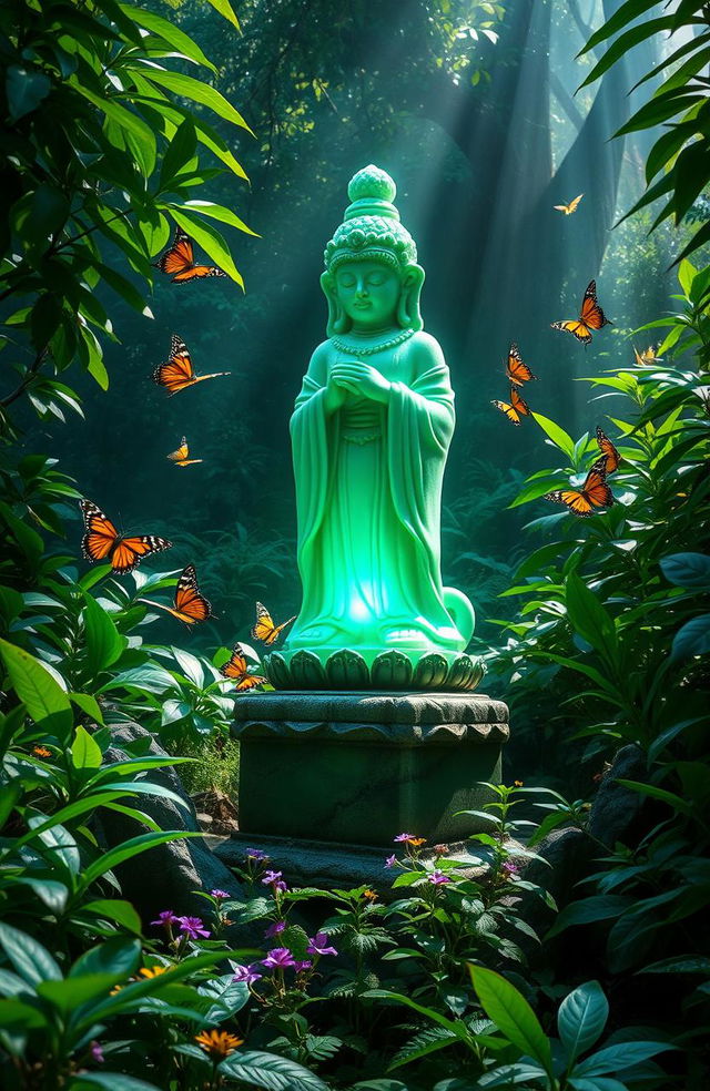 A lush jungle environment filled with vibrant vegetation, featuring a magical jade statue that radiates a mysterious glow