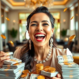 A joyful woman celebrating her financial success, with a wide smile on her face, surrounded by stacks of cash and gold coins