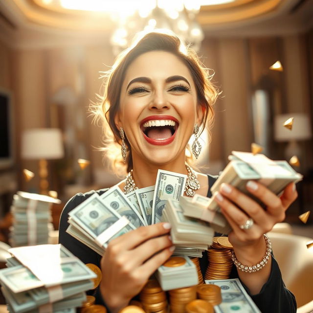 A joyful woman celebrating her financial success, with a wide smile on her face, surrounded by stacks of cash and gold coins