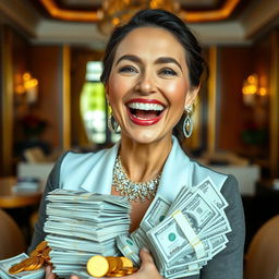 A joyful woman celebrating her financial success, with a wide smile on her face, surrounded by stacks of cash and gold coins