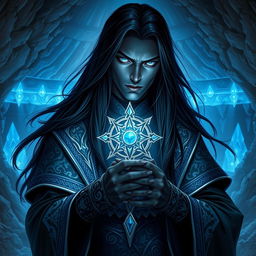 A male drow cleric portrayed in a captivating D&D RPG setting, featuring long, flowing black hair that contrasts beautifully with his luminous silver eyes, reflecting a sense of wisdom and divine purpose