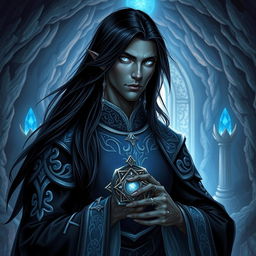 A male drow cleric portrayed in a captivating D&D RPG setting, featuring long, flowing black hair that contrasts beautifully with his luminous silver eyes, reflecting a sense of wisdom and divine purpose