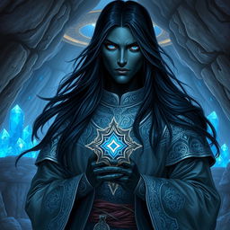 A male drow cleric portrayed in a captivating D&D RPG setting, featuring long, flowing black hair that contrasts beautifully with his luminous silver eyes, reflecting a sense of wisdom and divine purpose