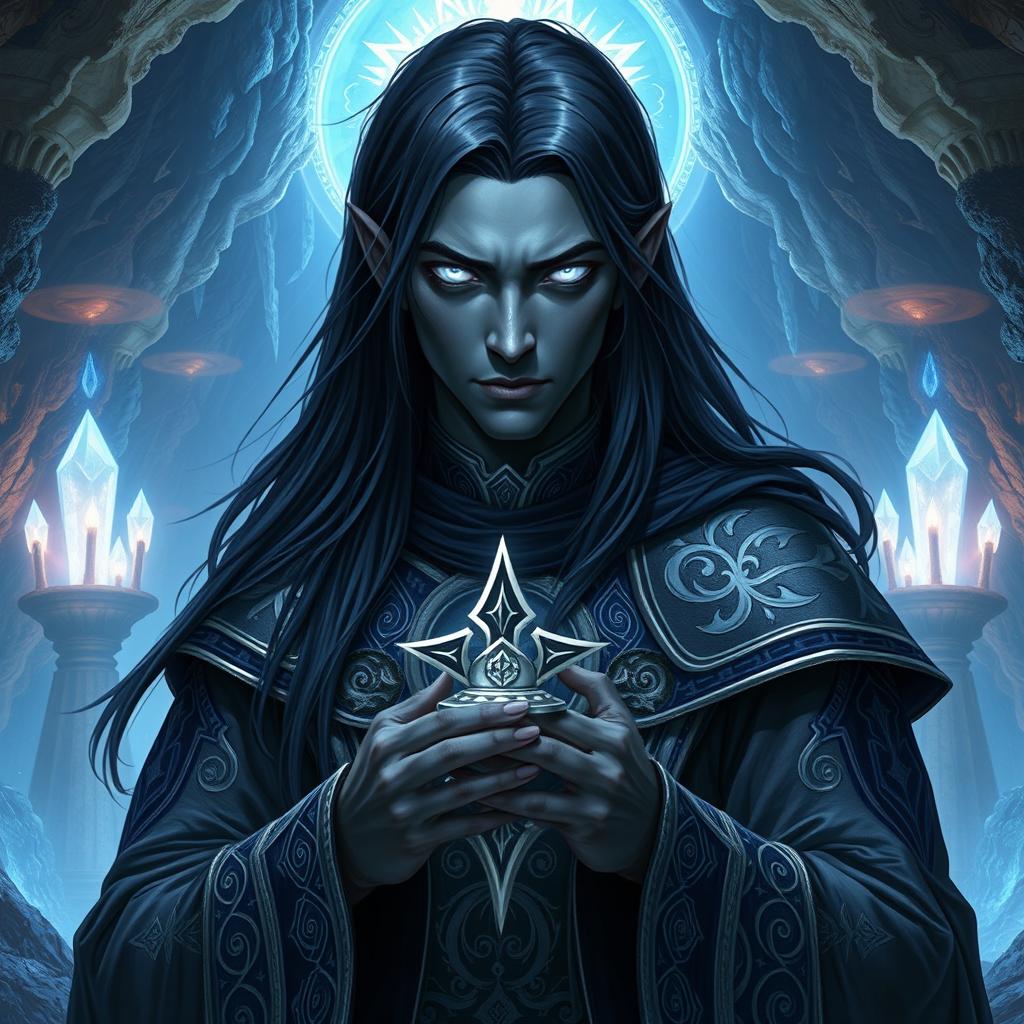 A male drow cleric portrayed in a captivating D&D RPG setting, featuring long, flowing black hair that contrasts beautifully with his luminous silver eyes, reflecting a sense of wisdom and divine purpose