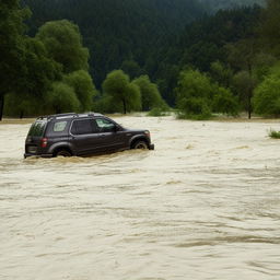 An SUV caught in the tumultuous currents of a flooded river, painting a dramatic picture of nature's wrath.