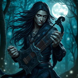 A male drow bard known as 'The Dark Dancer', captured in an enchanting fantasy RPG setting under the luminous glow of the moon