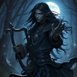 A male drow bard known as 'The Dark Dancer', captured in an enchanting fantasy RPG setting under the luminous glow of the moon