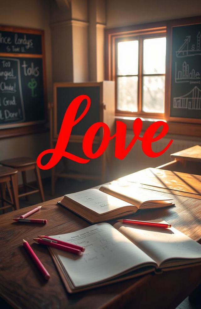 The word 'Love' beautifully written in bold, flowing cursive style using vibrant red ink, set against a classic school background